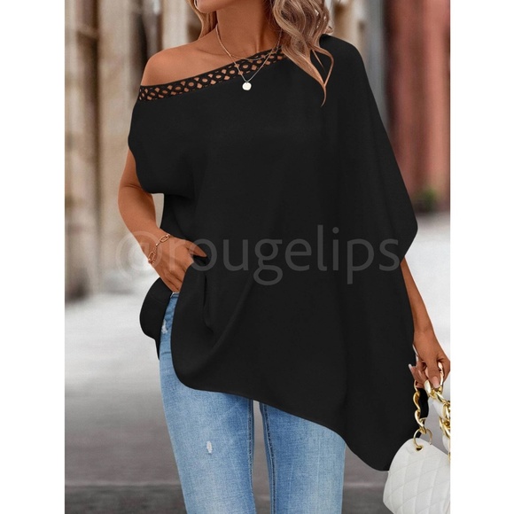 Guipure Trim Off Shoulder Black Loose Fitting Flowy Blouse Top - Picture 6 of 7
